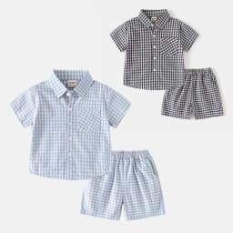 2PCS Summer Kids Boys Plaid Set Turn Down Collar Boys Polo Style Short Sleeve T-shirt + Shorts Children Polo Tee Outfit