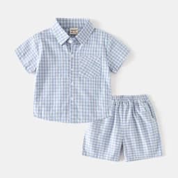 2PCS Summer Kids Boys Plaid Set Turn Down Collar Boys Polo Style Short Sleeve T-shirt + Shorts Children Polo Tee Outfit