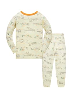 Children's 100% Cotton Sleepwear Set with Full Printed Cartoon Airplane Long Sleeved Long Pajamas for Children Aged 1-8 2Ps