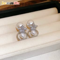 Lennik Exquisite Fashion Zircon Star 925 Sterling Silver Stud Earrings, Faux Pearl Luxury Design, Versatile for Daily/Party,