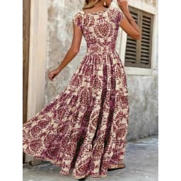 Plus Size Women's Bohemian Floral Print V-Neck Short Sleeve Dress Oversized Ruffled Skirt For Women Casual A-line Long Dresses