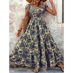 Plus Size Women's Bohemian Floral Print V-Neck Short Sleeve Dress Oversized Ruffled Skirt For Women Casual A-line Long Dresses