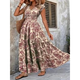 Plus Size Women's Bohemian Floral Print V-Neck Short Sleeve Dress Oversized Ruffled Skirt For Women Casual A-line Long Dresses