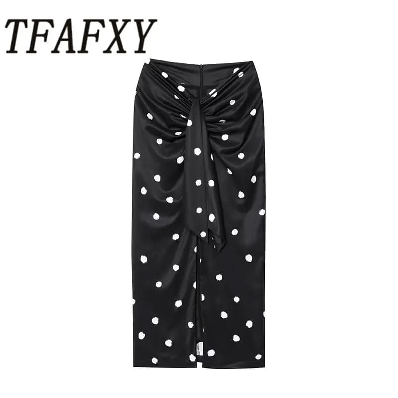 TFAFXY 2025 Polka Dot Skirt Women Wrap Ruched Midi Skirt Woman New Fashion Elegant Long Skirts For Women Party Skirts