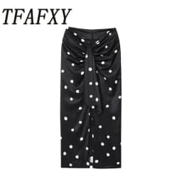 TFAFXY 2025 Polka Dot Skirt Women Wrap Ruched Midi Skirt Woman New Fashion Elegant Long Skirts For Women Party Skirts