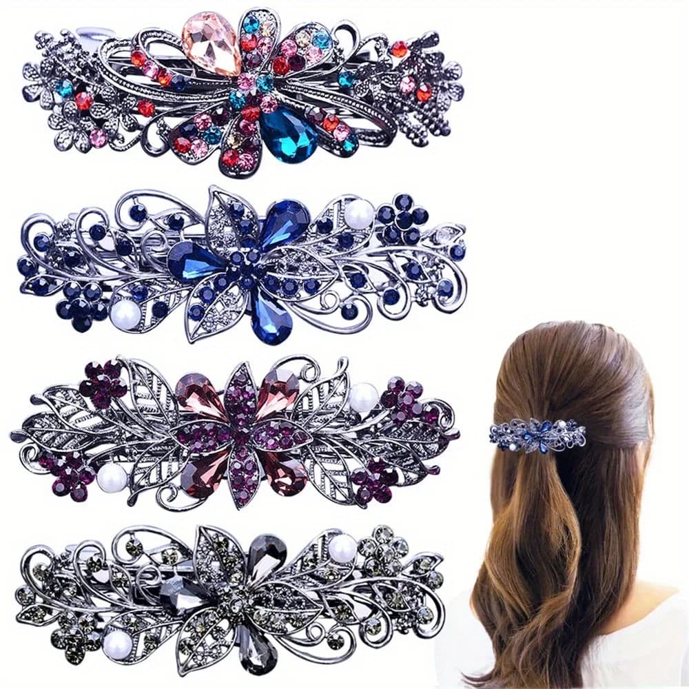 4pcs/pack Hair Barrettes for Women Ladies Flower Crystal Rhinestones Barrettes Pearl Spring Hair Clip Ponytail Holders Barrettes