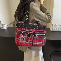 PU CHAINS Zipper Shoulder Bag Buckle Decorative Casual Women's Bags on Sale 2026 New Plaid Locomotive Style Women's Handbags