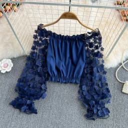 Flower Three-dimensional Decoration Slash Neck Long Sleeve Women's Blouse Shirt Korean Fashion Female Clothing Tops 2025 Summer