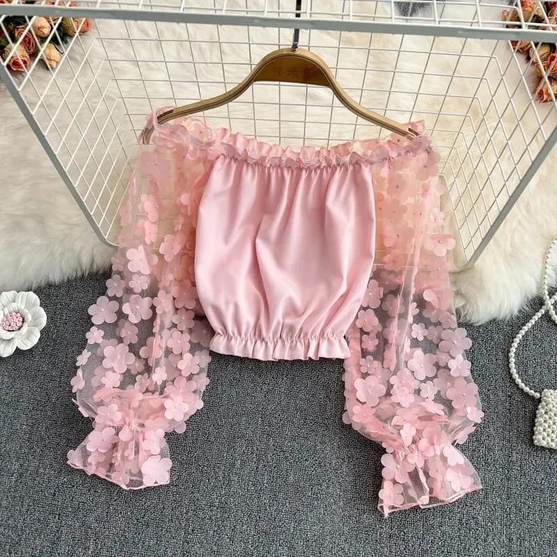 Flower Three-dimensional Decoration Slash Neck Long Sleeve Women's Blouse Shirt Korean Fashion Female Clothing Tops 2025 Summer