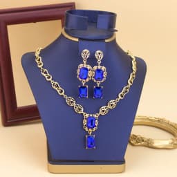 Morocco Style Necklace Earring Set For Women Luxury Arabic Red Green Crystal Square Pendant Neck Chian Bridal Jewelry