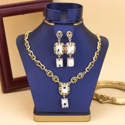 Morocco Style Necklace Earring Set For Women Luxury Arabic Red Green Crystal Square Pendant Neck Chian Bridal Jewelry