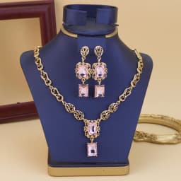 Morocco Style Necklace Earring Set For Women Luxury Arabic Red Green Crystal Square Pendant Neck Chian Bridal Jewelry
