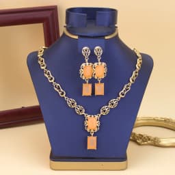 Morocco Style Necklace Earring Set For Women Luxury Arabic Red Green Crystal Square Pendant Neck Chian Bridal Jewelry
