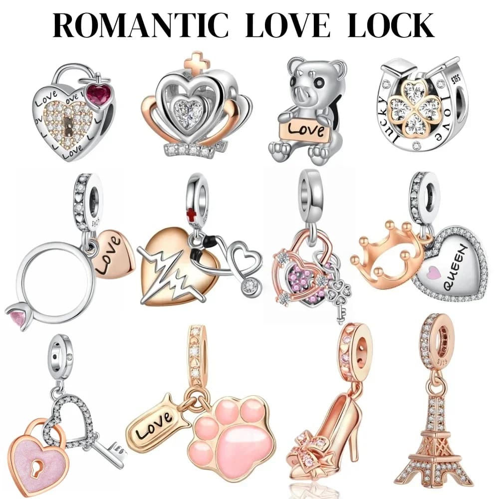 Romantic Tower & Love Lock Key Charms Beads Fit DIY 925Sterling Silver Bracelet Necklace Women Birthday Anniversary Jewelry Gift