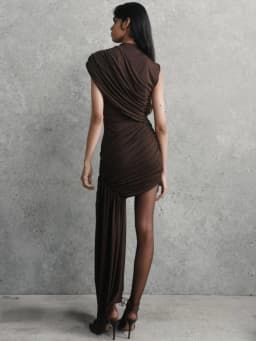 Mozision Irregular Draped Ruched Sexy Mini Dress For Women Elegant Turtleneck Sleeveless High Waist Pleated Club Party Dress