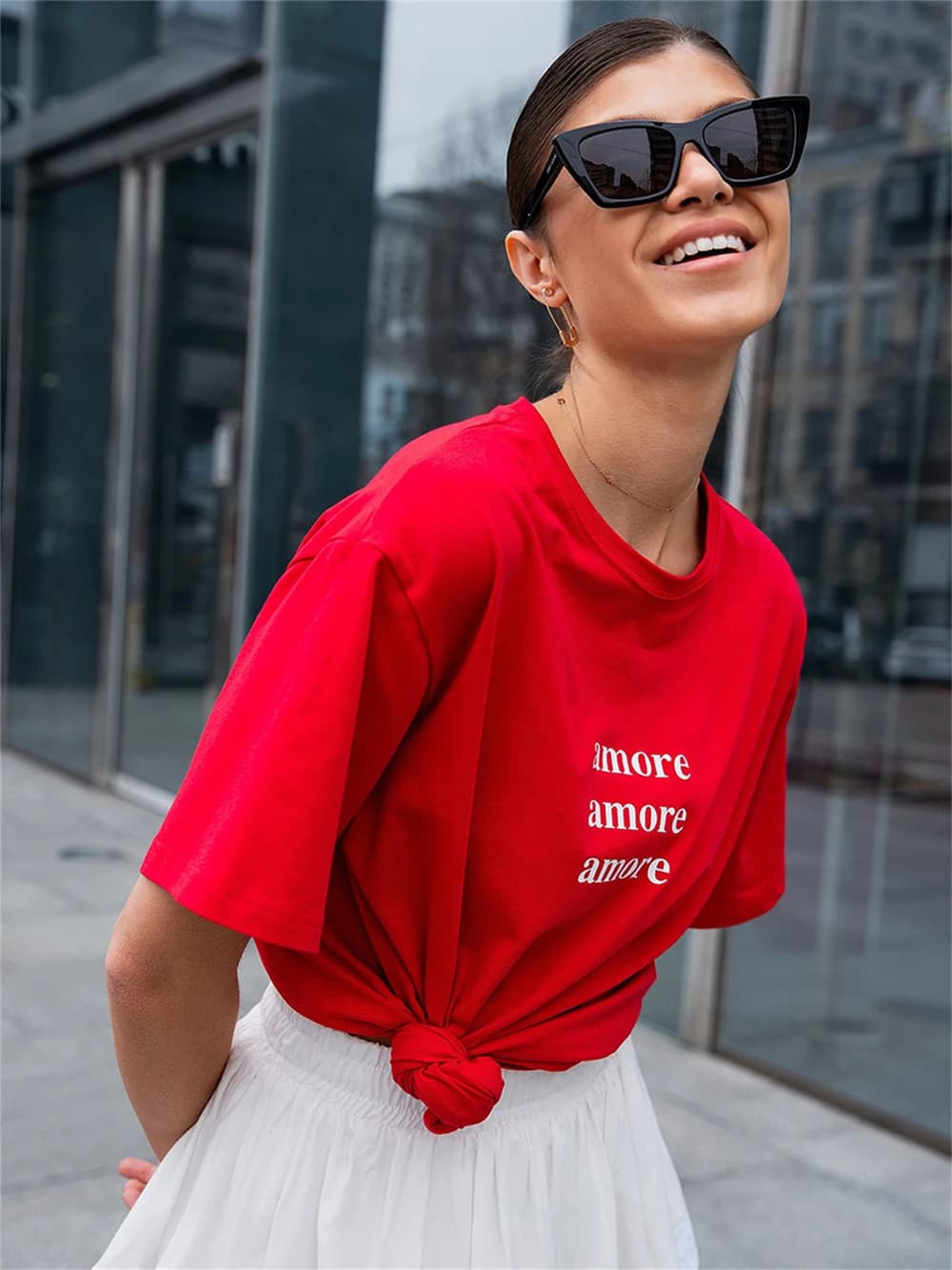 Red Oversized T-Shirt with Amore Print Women's T-Shirt Cotton Simple Design Summer Fashion Tee Boutique Drop Sleeve