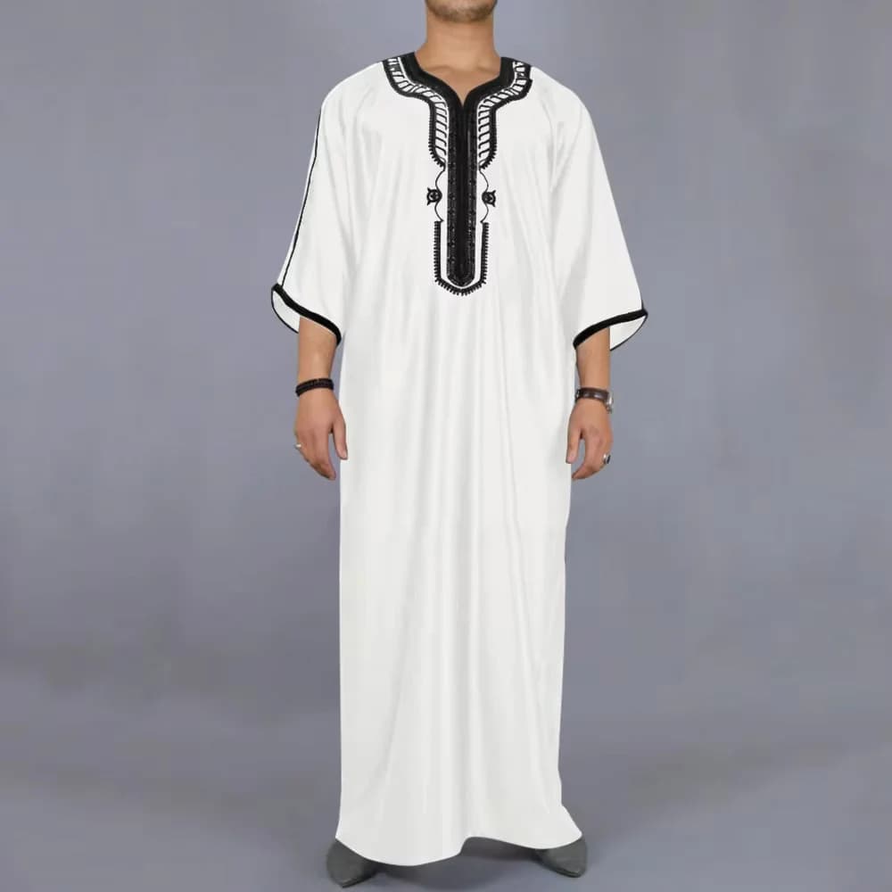 Moroccan Style Muslim Men's Long Robe White Elegant Exquisite Embroidery Men's Long Robe Casual Simple Robe
