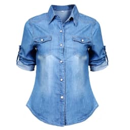 Women Fashion Blue Denim Shirts Women Girls Autumn Casual Long Sleeve Solid Blue Two Pockets Cotton Blend Tops 2025 New