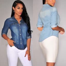 Women Fashion Blue Denim Shirts Women Girls Autumn Casual Long Sleeve Solid Blue Two Pockets Cotton Blend Tops 2025 New