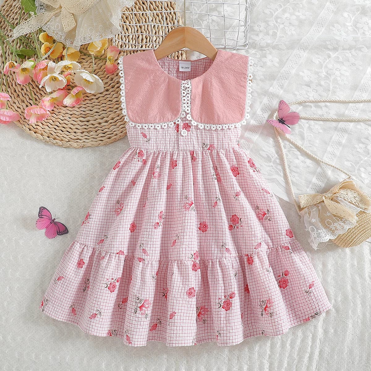Dresses for Girl Summer Sleeveless Square Collar Print Floral Children's Dress Fashion Streetwear Costume