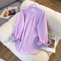 New In Clothing Top Turn-down Neck Purple Patchwork Striped Long Sleeved Casual Single Breasted Ins Women Loose Shirt And Blouse