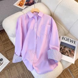 New In Clothing Top Turn-down Neck Purple Patchwork Striped Long Sleeved Casual Single Breasted Ins Women Loose Shirt And Blouse