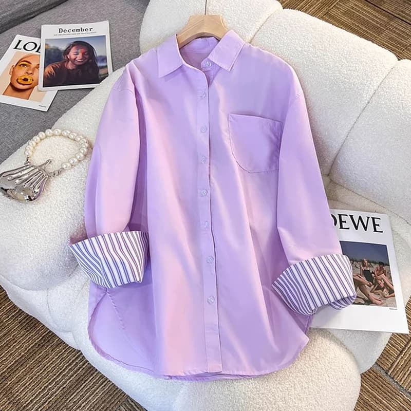 New In Clothing Top Turn-down Neck Purple Patchwork Striped Long Sleeved Casual Single Breasted Ins Women Loose Shirt And Blouse