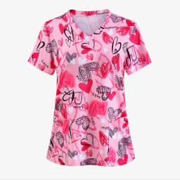 Women's Heart Shape Printed Surgical Gown Tops Short Sleeve V Neck Nurse Uniform Shirt with Pocket T-Shirt Nursing Work Tops