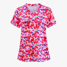 Women's Heart Shape Printed Surgical Gown Tops Short Sleeve V Neck Nurse Uniform Shirt with Pocket T-Shirt Nursing Work Tops