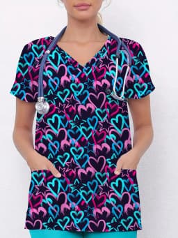 Women's Heart Shape Printed Surgical Gown Tops Short Sleeve V Neck Nurse Uniform Shirt with Pocket T-Shirt Nursing Work Tops