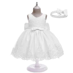 Newborn Girl Lace White Dress with Bow Headband 100 Days Baby Girl Christening Party Gown Summer Photoshoot Photography Outfits