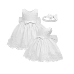 Newborn Girl Lace White Dress with Bow Headband 100 Days Baby Girl Christening Party Gown Summer Photoshoot Photography Outfits