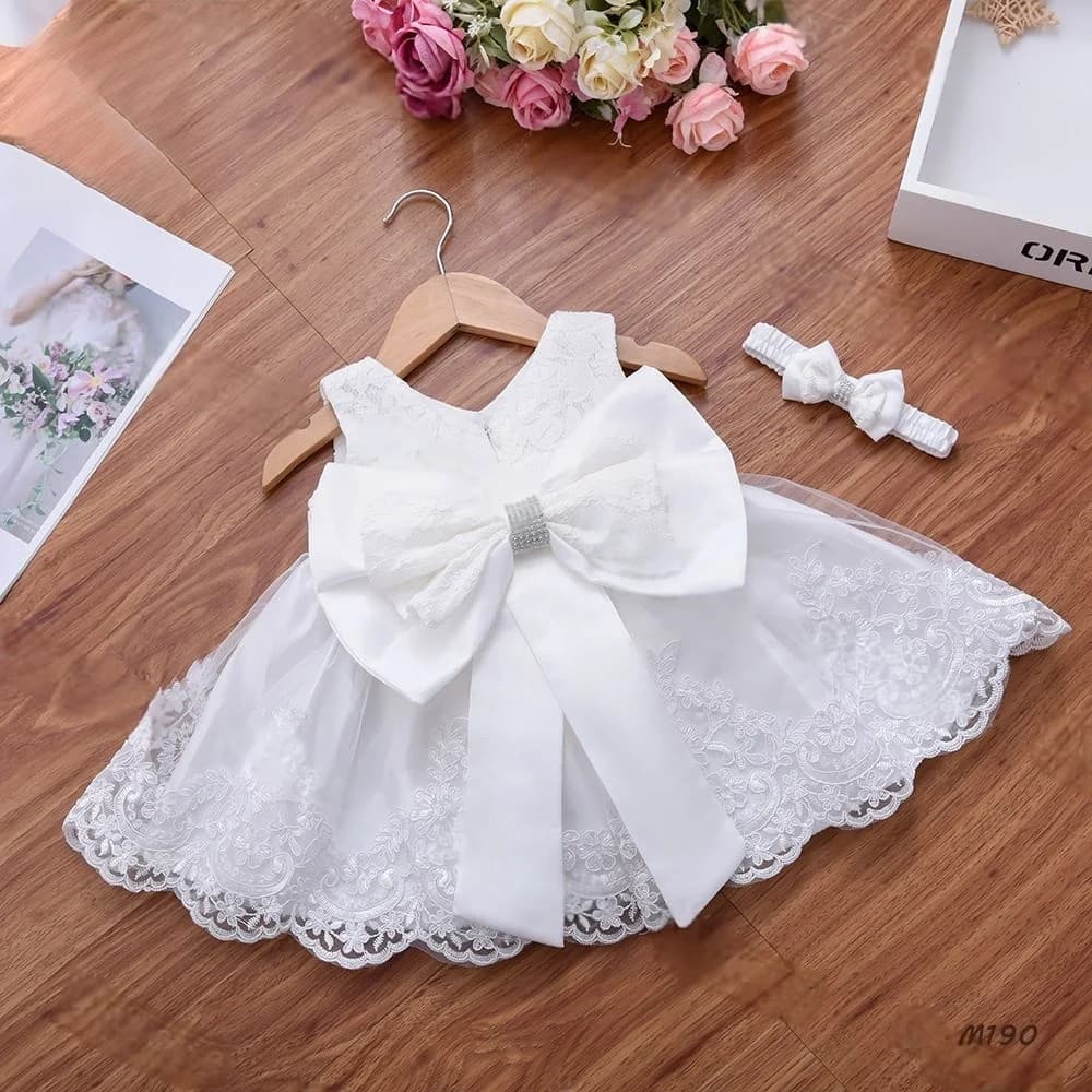 Newborn Girl Lace White Dress with Bow Headband 100 Days Baby Girl Christening Party Gown Summer Photoshoot Photography Outfits