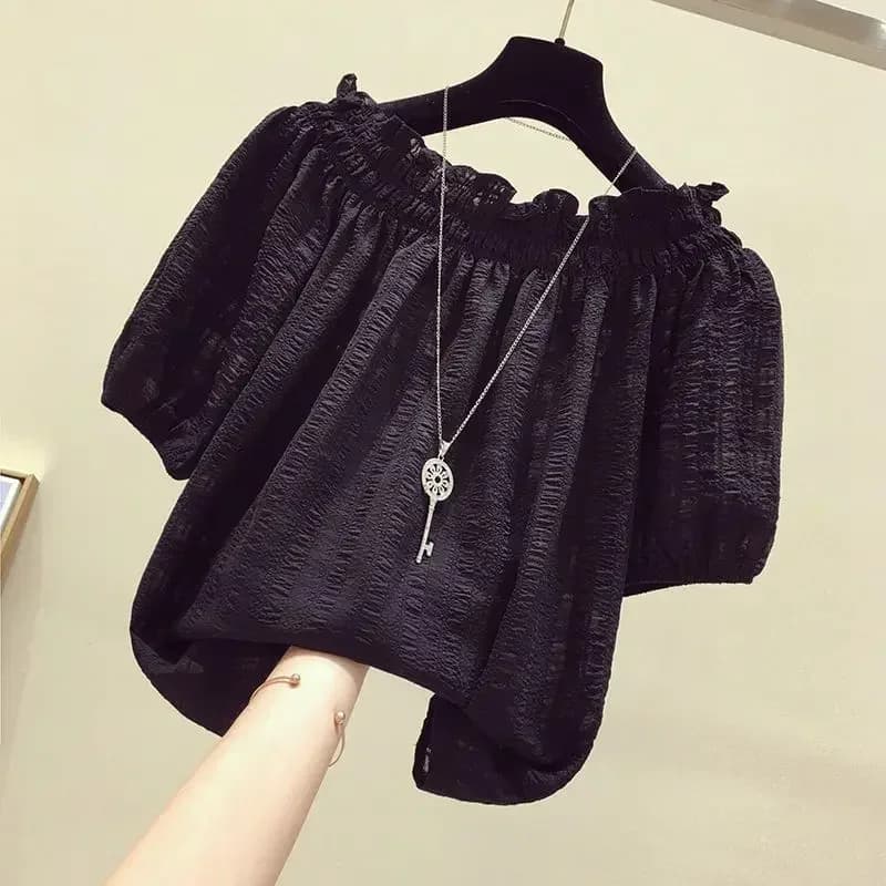 Black Casual Slash Neck Puff Sleeve Chiffon Pullover Women's Blouse Shirt Female Clothing Tops Fashion Short Blouses 2025