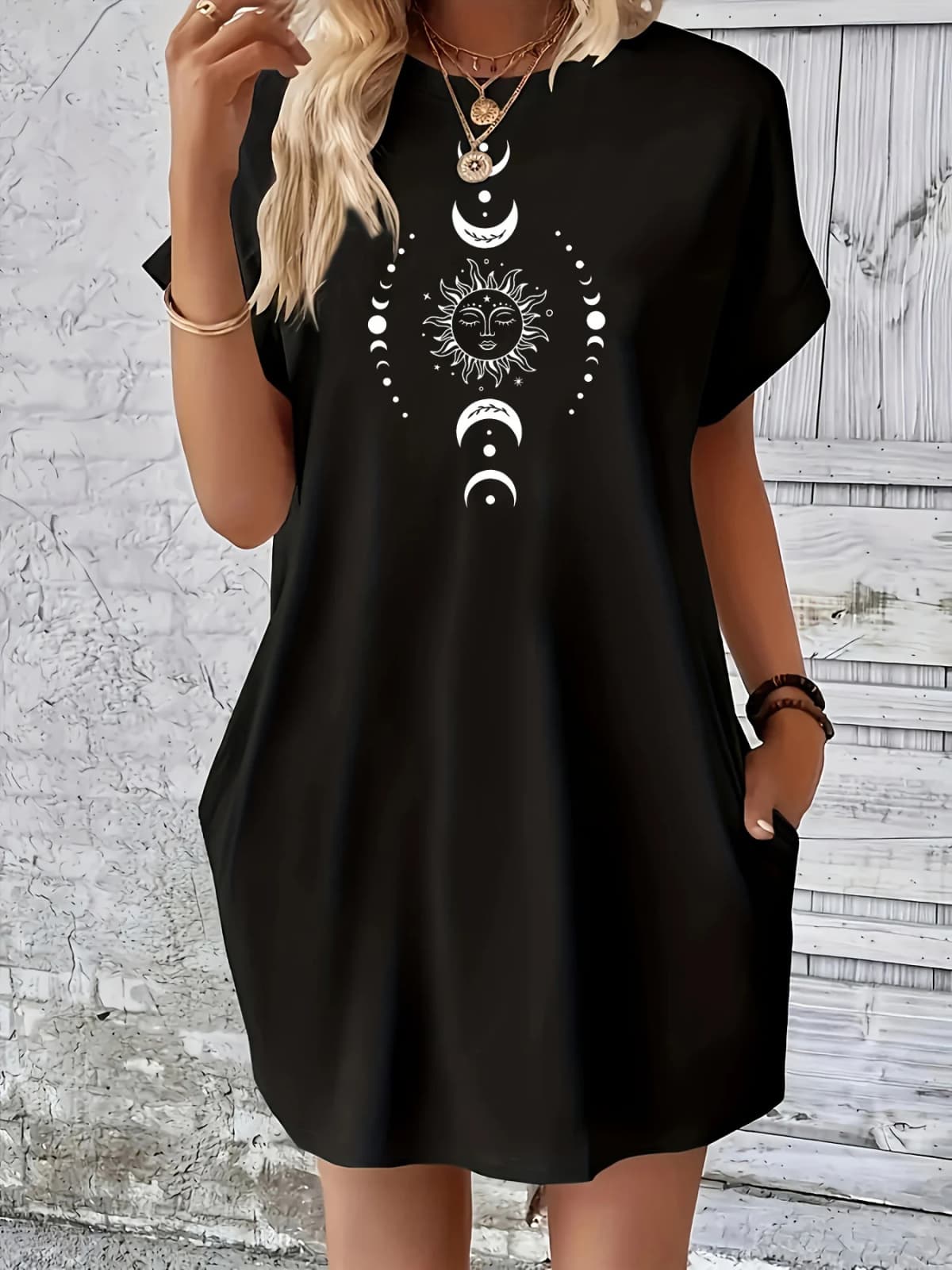 Ladies' Summer Loose Sun Moon Planet Pattern Printed Round Neck Short Sleeved Pocket Comfortable Casual Plus Size Dress