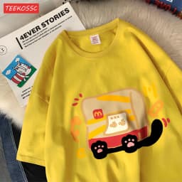 The Little Cat Covered By A Bagcotton Womens T-Shirts Cartoons Printed T Shirts Loose O-Neck Soft Tops Summer Casual Clothes