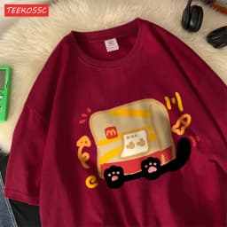 The Little Cat Covered By A Bagcotton Womens T-Shirts Cartoons Printed T Shirts Loose O-Neck Soft Tops Summer Casual Clothes