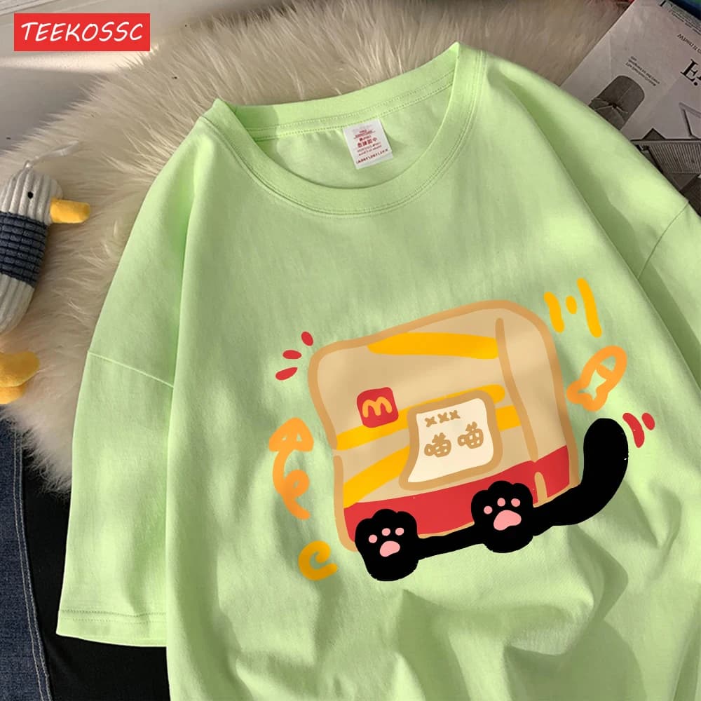 The Little Cat Covered By A Bagcotton Womens T-Shirts Cartoons Printed T Shirts Loose O-Neck Soft Tops Summer Casual Clothes