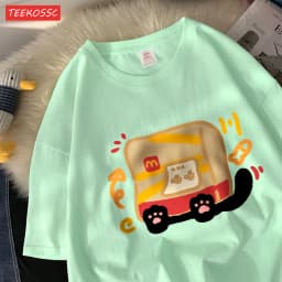 The Little Cat Covered By A Bagcotton Womens T-Shirts Cartoons Printed T Shirts Loose O-Neck Soft Tops Summer Casual Clothes