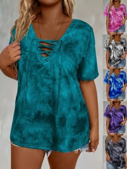 Plus size tie-dye printed short-sleeved T-shirt elegant lace-up hanging collar design top spring and summer casual style