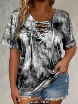 Plus size tie-dye printed short-sleeved T-shirt elegant lace-up hanging collar design top spring and summer casual style