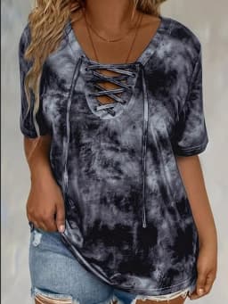 Plus size tie-dye printed short-sleeved T-shirt elegant lace-up hanging collar design top spring and summer casual style