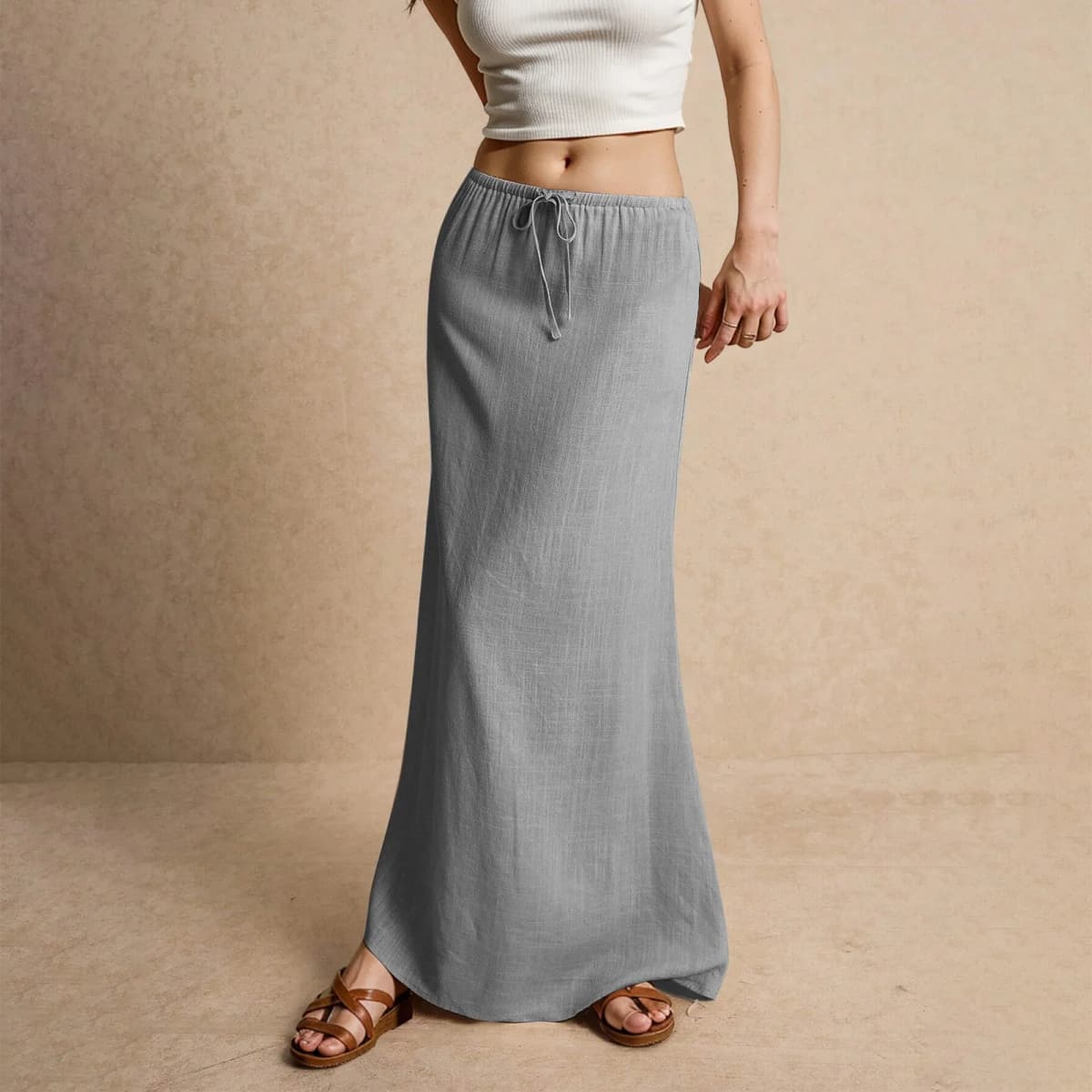 Women's Basic Versatile Drawstring Low Waist A Line Casual Skirts Sexy Tight Solid Color Bodycon Long Maxi Skirts