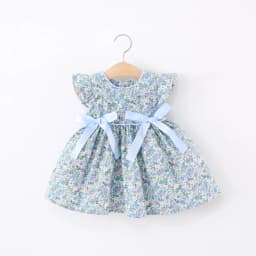 Summer New Blue Floral Baby Girl Dress, Sweet Bow Children'S Sleeveless Clothes (9 Months -4 Years Old)
