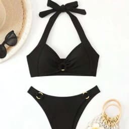 Adjustable Halter Bikini Set Solid Color Bikini Neck Trendy Swimwear for  Women Ladys Bathing Suit