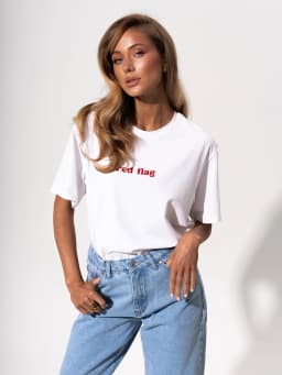 Red Flag Oversized T-Shirt Letter Print Women's T-Shirt Cotton Simple Design Summer Fashion Tee Boutique Drop Sleeve
