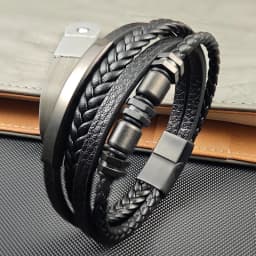 Men's Stainless Steel Luxury Magnetic Buckle Braided Multi-layer Leather Cylinder Hexagonal Bead Bracelet Men's Jewelry Gift