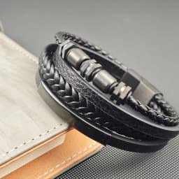 Men's Stainless Steel Luxury Magnetic Buckle Braided Multi-layer Leather Cylinder Hexagonal Bead Bracelet Men's Jewelry Gift
