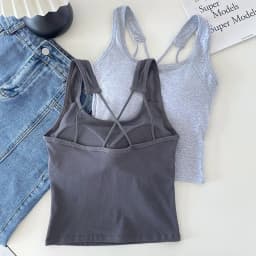 Solid Tank Top for Women Cross-sling Short Vest Sports Tank with Built in Bra One-piece Sleeveless Slim Fashion Crop Top Female