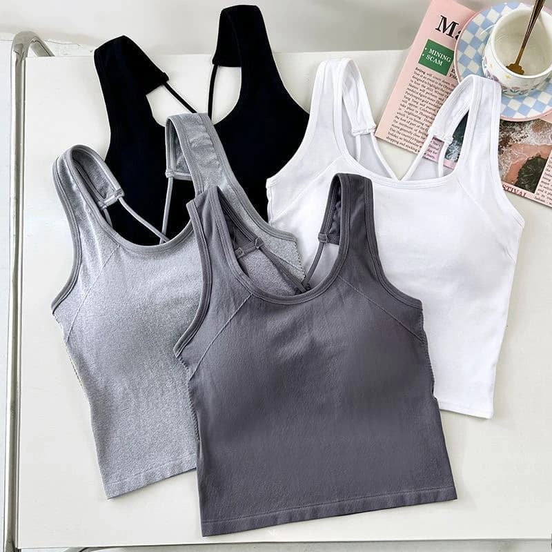 Solid Tank Top for Women Cross-sling Short Vest Sports Tank with Built in Bra One-piece Sleeveless Slim Fashion Crop Top Female